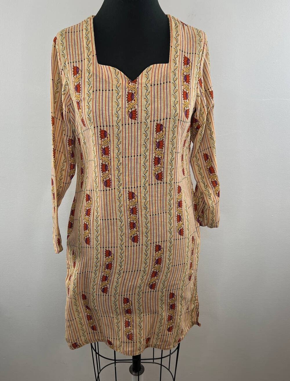 Handmade Tan Orange Floral Print Sweetheart Neck Long Sleeve Shalwar Kameez Top
